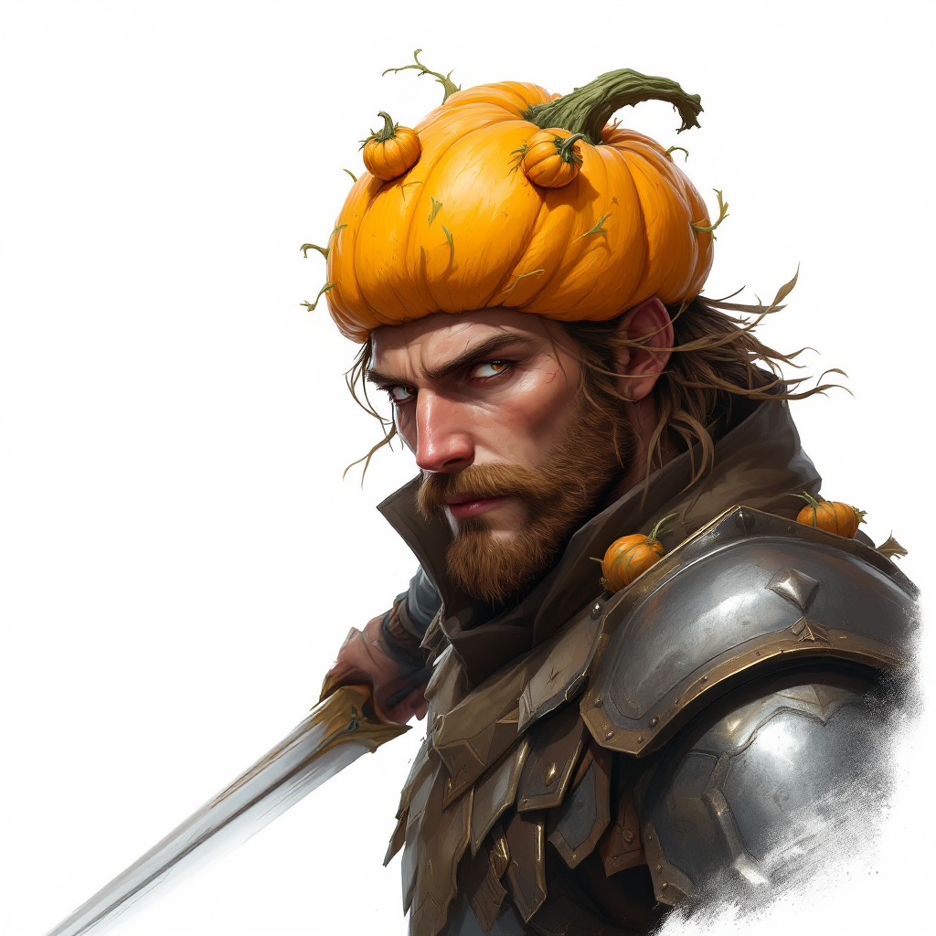 Dungeons and dragons character concept portrait. Male Fighter, Human race, Normal human anatomy and human face, non-fantasy features. Humans have strong jawline and rounded face features, with rounded eyes harvester farmer with pumpkin head with armor and sword and is tall, , intricate, elegant, highly detailed, digital painting, artstation, concept art, smooth, sharp focus, illustration, art by stable diffusion ai's favorite artists
