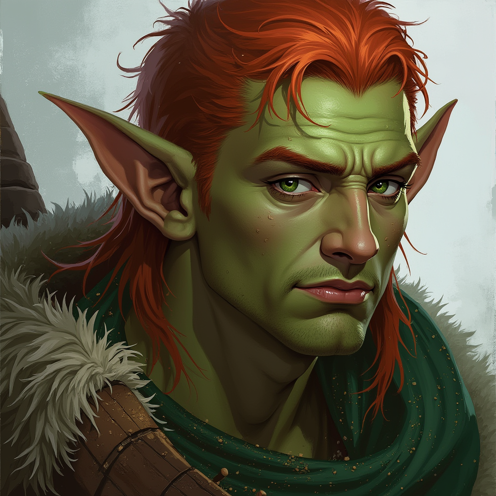Dungeons and dragons character concept portrait. Male Barbarian, Human race, Normal human anatomy and human face, non-fantasy features. Humans have strong jawline and rounded face features, with rounded eyes female frost gnome ranger  light green skin red hair green eyes, , intricate, elegant, highly detailed, digital painting, artstation, concept art, smooth, sharp focus, illustration, art by stable diffusion ai's favorite artists