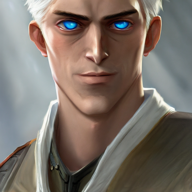 Dungeons and dragons character concept portrait. Male Human race, Good tendencies, Paladin class,   30 year old male with short white hair and blue eyes, stubble on his face, wearing button up shirt. anime tyle,  front-facing portrait, medium shot, intricate, elegant, highly detailed, digital painting, artstation, concept art, smooth, sharp focus, illustration, art by stable diffusion ai's favorite artists