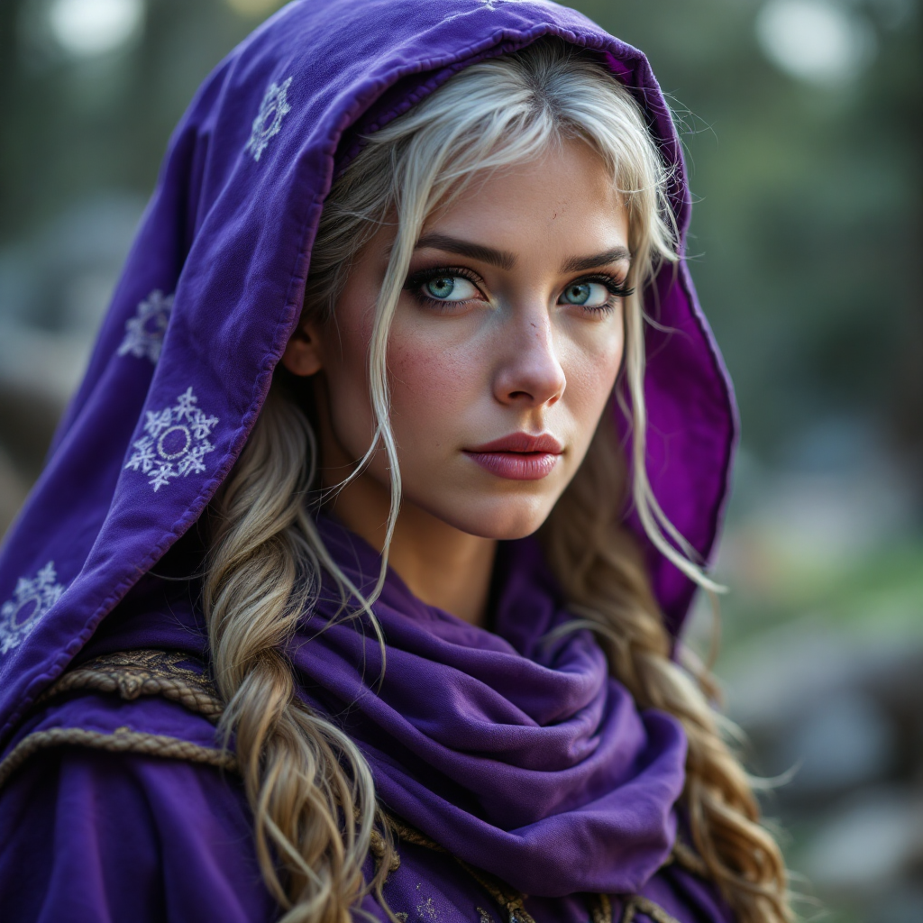 Dungeons and dragons character concept portrait. Female Wizard, Human race, Normal human anatomy and human face, non-fantasy features. Humans have strong jawline and rounded face features, with rounded eyes Female dwarf wizard in violet robes, , dnd photography, dnd live action, realistic dnd portrait, medium shot portrait, highly detailed, dynamic shot, 4k photo