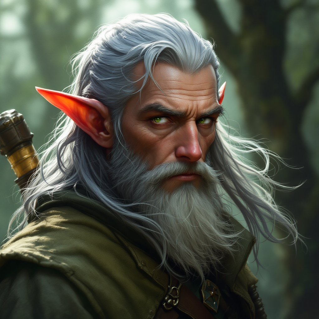 Dungeons and dragons character concept portrait. Male Ranger, Elf race, The elf is a slender, athletic figure, standing about the same height as a human. Elves have bright eyes. Elves have angular features and angular eyes. Their hair long with loose hairstyle An older fey man, slight and quick-moving, with silver-streaked hair and fingers stained permanently green from the herbs he uses on the horses. , with long beard, , , intricate, elegant, highly detailed, digital painting, artstation, concept art, smooth, sharp focus, illustration, art by stable diffusion ai's favorite artists