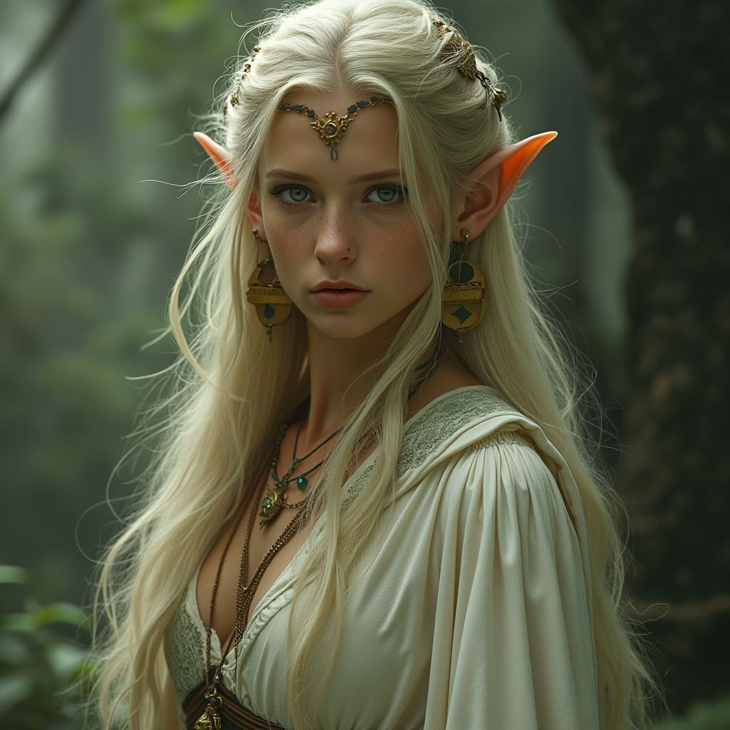 Dungeons and dragons character concept portrait. Female Druid, Elf race, The elf is a slender, athletic figure, standing about the same height as a human. Elves have bright eyes. Elves have angular features and angular eyes. Their hair long with loose hairstyle Priestess, nice, good, with white dress, , dnd photography, dnd live action, realistic dnd portrait, medium shot portrait, highly detailed, dynamic shot, 4k photo