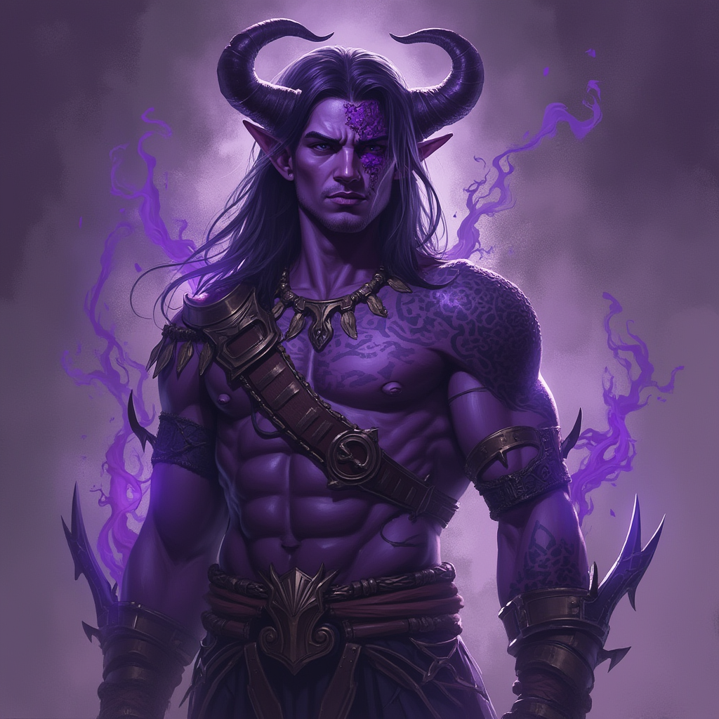 Dungeons and dragons character concept portrait. Male Barbarian, Human race, Normal human anatomy and human face, non-fantasy features. Humans have strong jawline and rounded face features, with rounded eyes Short female purple infernal tiefling, , intricate, elegant, highly detailed, digital painting, artstation, concept art, smooth, sharp focus, illustration, art by stable diffusion ai's favorite artists