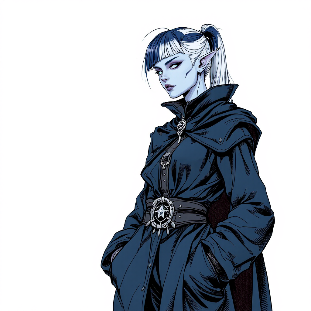 Dungeons and dragons character concept portrait. Female Sorcerer, Tiefling race, The tiefling is a tall and striking figure with a lean and muscular build. Sharp horns that grow amidst the hairline. Tieflings have glowing eyes which give them an otherworldly appearance. Tieflings favor bold clothing incorporating dark colors and intricate patterns Two-tone Navy and white Hair in a long ponytail with straight-cut bangs. Very pale blue skin. Emo/goth style clothes and a shadowy cape. Standing with hands in pockets, , dnd hand drawing, dnd drawing portrait, dnd character drawing, highly detailed hand drawing, high quality character drawing, colored drawing, colorful drawing, light background, solid background