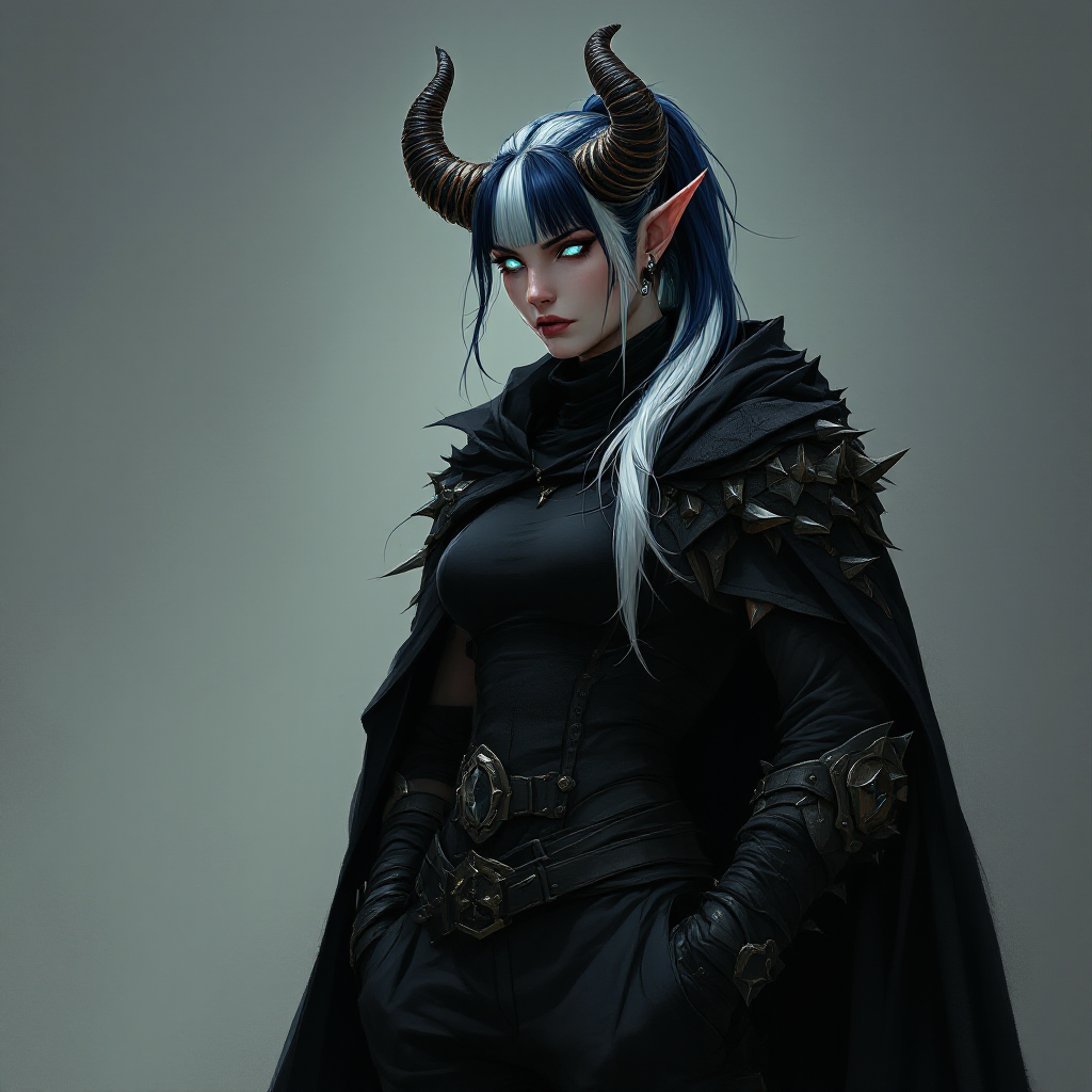 Dungeons and dragons character concept portrait. Male Barbarian, Human race, Normal human anatomy and human face, non-fantasy features. Humans have strong jawline and rounded face features, with rounded eyes Her Skin color pale blue tint. Her Clothing is fitted straight black cargo pants, black combat boots and a turtleneck tank top with a shadowy cloak. Hair is two-toned navy with white, in a long ponytail with straight-cut bangs across the forehead. Ears have many earrings that are spikes. She has a simple black septum piercing. Eyes are pale, glowing gray-blue. Facial expression is bored. She has an oval face shape. Her horns spiral upward and slightly back. Pose Standing with hands in pockets. , , dnd baroque character portrait, dnd character from the baroque era, baroque luxurious elements, baroque dramatic lighting, light and shadow contrast