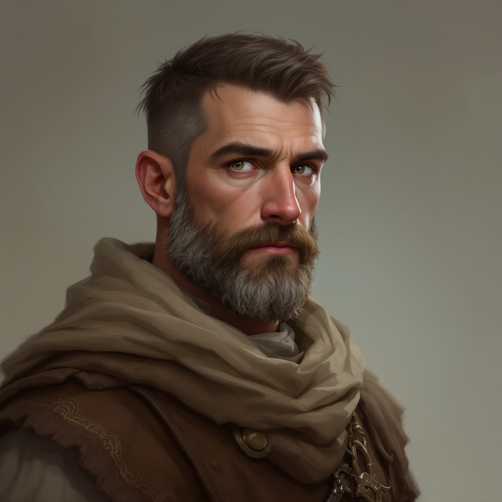 Dungeons and dragons character concept portrait. Male Fighter, Human race, Normal human anatomy and human face, non-fantasy features. Humans have strong jawline and rounded face features, with rounded eyes An middle aged human male farmer in common clothes, , intricate, elegant, highly detailed, digital painting, artstation, concept art, smooth, sharp focus, illustration, art by stable diffusion ai's favorite artists