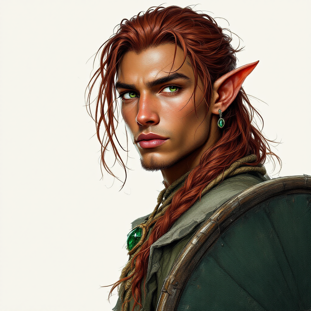 Dungeons and dragons character concept portrait. Male Druid, Elf race, The elf is a slender, athletic figure, standing about the same height as a human. Elves have bright eyes. Elves have angular features and angular eyes. Their hair long with loose hairstyle Age appears 20 years old. Circle of spores Druid, dark chocolate skin and green eyes. Clean shaven. Half-up half-down hairstyle, top section gathered loosely at the crown, rest of hair falling in loose waves past the shoulders, dark crimson color. Wears an old emerald amulet on a rope necklace. Has a dark green wooden shield on his back. , , dnd hand drawing, dnd drawing portrait, dnd character drawing, highly detailed hand drawing, high quality character drawing, colored drawing, colorful drawing, light background, solid background