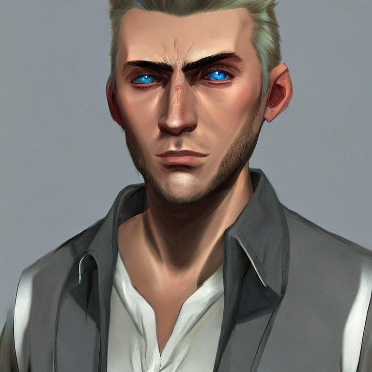 Dungeons and dragons character concept portrait. Male Human race, Good tendencies, Paladin class,   30 year old male with short white hair and blue eyes, stubble on his face, wearing button up shirt. anime tyle,  front-facing portrait, medium shot, intricate, elegant, highly detailed, digital painting, artstation, concept art, smooth, sharp focus, illustration, art by stable diffusion ai's favorite artists