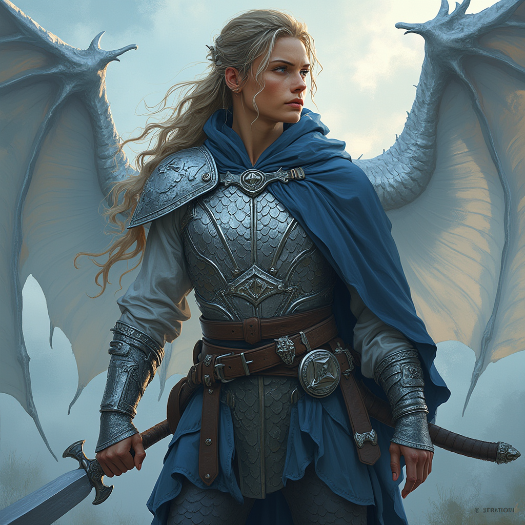 Dungeons and dragons character concept portrait. Male Barbarian, Human race, Normal human anatomy and human face, non-fantasy features. Humans have strong jawline and rounded face features, with rounded eyes Normal human anatomy with silver dragon wings and human face, non-fantasy features. Humans have strong jawline and rounded face features, with rounded eyes Dragonborn female from a lineage of silver dragons. Young woman with silver scaled hands. Her eyes are a mix of silver and ice blue. Her fair is navy blue with a silver reflection when light hits it. her cloak is made of ancient dragon scales weaves with the finest spun silver cloth. She is both fierce and friendly looking as she uses charm to gain her way into the homes of nobles., full body portrait, , intricate, elegant, highly detailed, digital painting, artstation, concept art, smooth, sharp focus, illustration, art by stable diffusion ai's favorite artists, , intricate, elegant, highly detailed, digital painting, artstation, concept art, smooth, sharp focus, illustration, art by stable diffusion ai's favorite artists