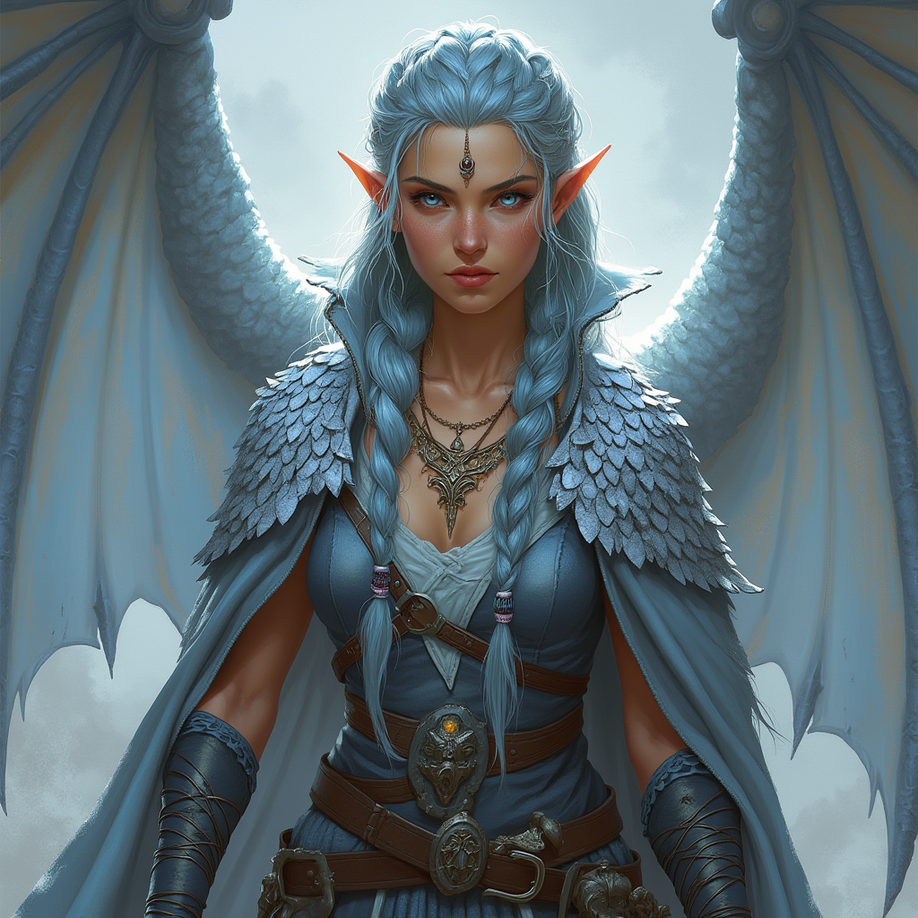 Dungeons and dragons character concept portrait. Male Barbarian, Human race, Normal human anatomy and human face, non-fantasy features. Humans have strong jawline and rounded face features, with rounded eyes Normal human anatomy with silver dragon wings and human face, non-fantasy features. Humans have strong jawline and rounded face features, with rounded eyes Dragonborn female from a lineage of silver dragons. sorceress pose.  Young woman with silver scaled hands. Her eyes are a mix of silver and ice blue. Her braided hair is a silvery blue with a silver reflection when light hits it. her cloak is made of ancient dragon scales weaves with the finest spun silver cloth. She is both fierce and friendly looking as she uses charm to gain her way into the homes of nobles., full body portrait, , intricate, elegant, highly detailed, digital painting, artstation, concept art, smooth, sharp focus, illustration, art by stable diffusion ai's favorite artists, , intricate, elegant, highly detailed, digital painting, artstation, concept art, smooth, sharp focus, illustration, art by stable diffusion ai's favorite artists