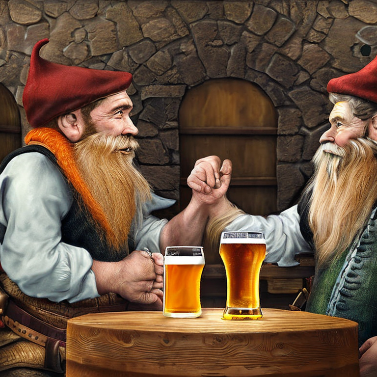two dwarfs sitting in a tavern talking over beer realistic fantasy lool,  Realistic image