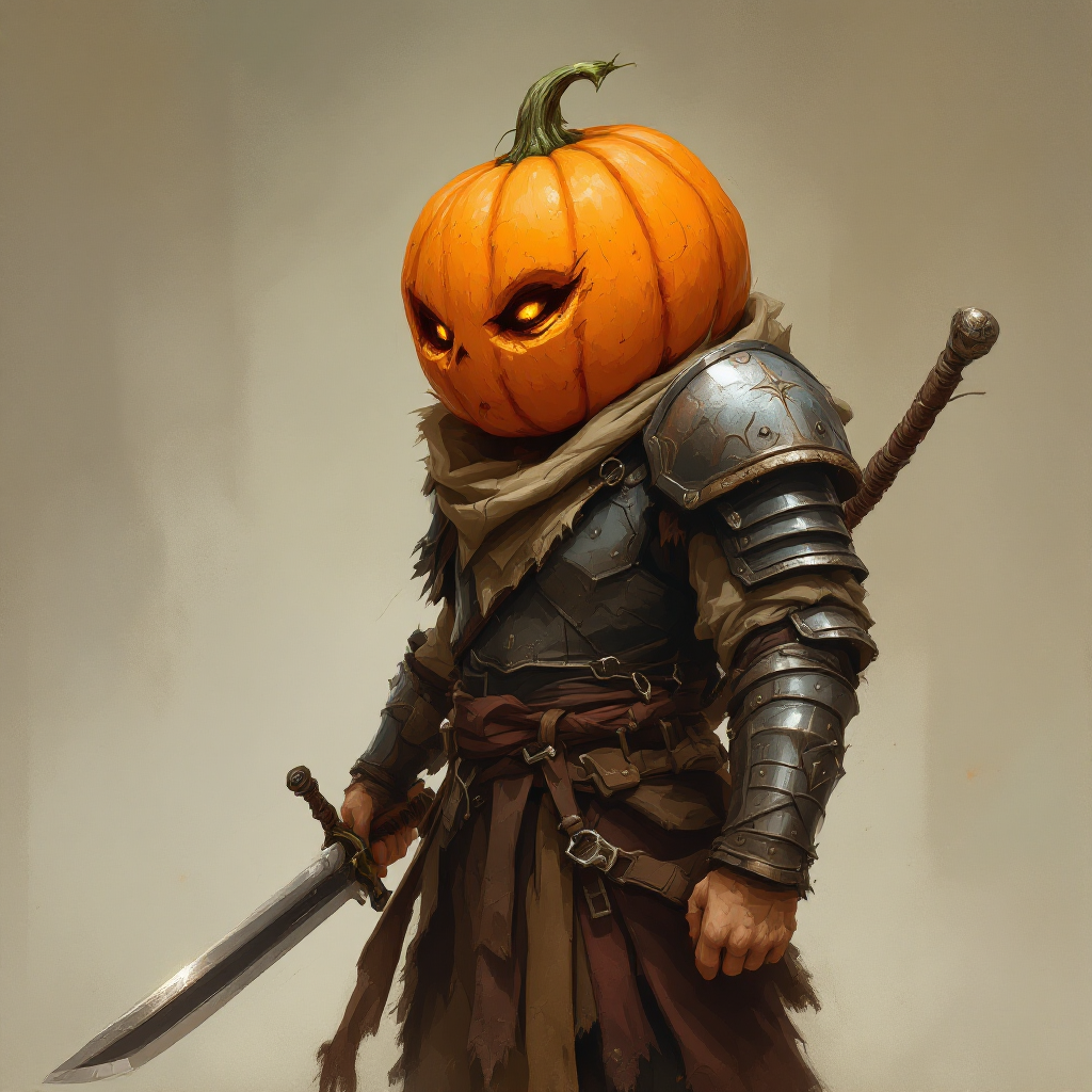 Dungeons and dragons character concept portrait. Male Fighter, Human race, Normal human anatomy and human face, non-fantasy features. Humans have strong jawline and rounded face features, with rounded eyes harvester farmer with a pumpkin for a head with armor and sword and is tall, , dnd anime character portrait, dnd anime character, highly detailed, high quality anime character