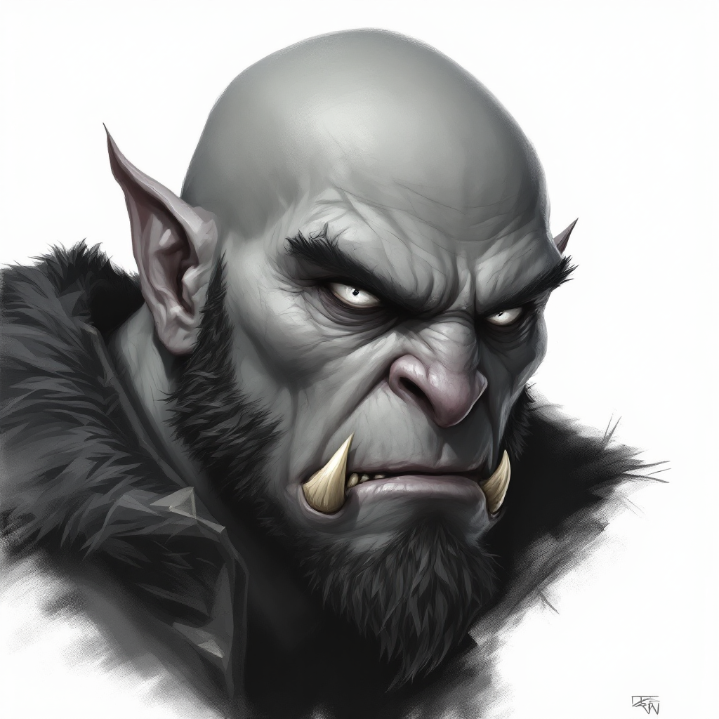 Dungeons and dragons character concept portrait. Male Warlock, Half-Orc race, The half-orc is a robust figure, with a broad and muscular build. They have greenish skin, with pronounced features such as a strong jawline, large tusks protruding from their lower lip, and a prominent brow. Half-orcs have coarse, dark hair. Half-orcs wear rugged, practical clothing suited for combat or hard labor grey skin, bald, no facial hair, hairless, white eyes, face portrait, small orcish teeth, , intricate, elegant, highly detailed, digital painting, artstation, concept art, smooth, sharp focus, illustration, art by stable diffusion ai's favorite artists