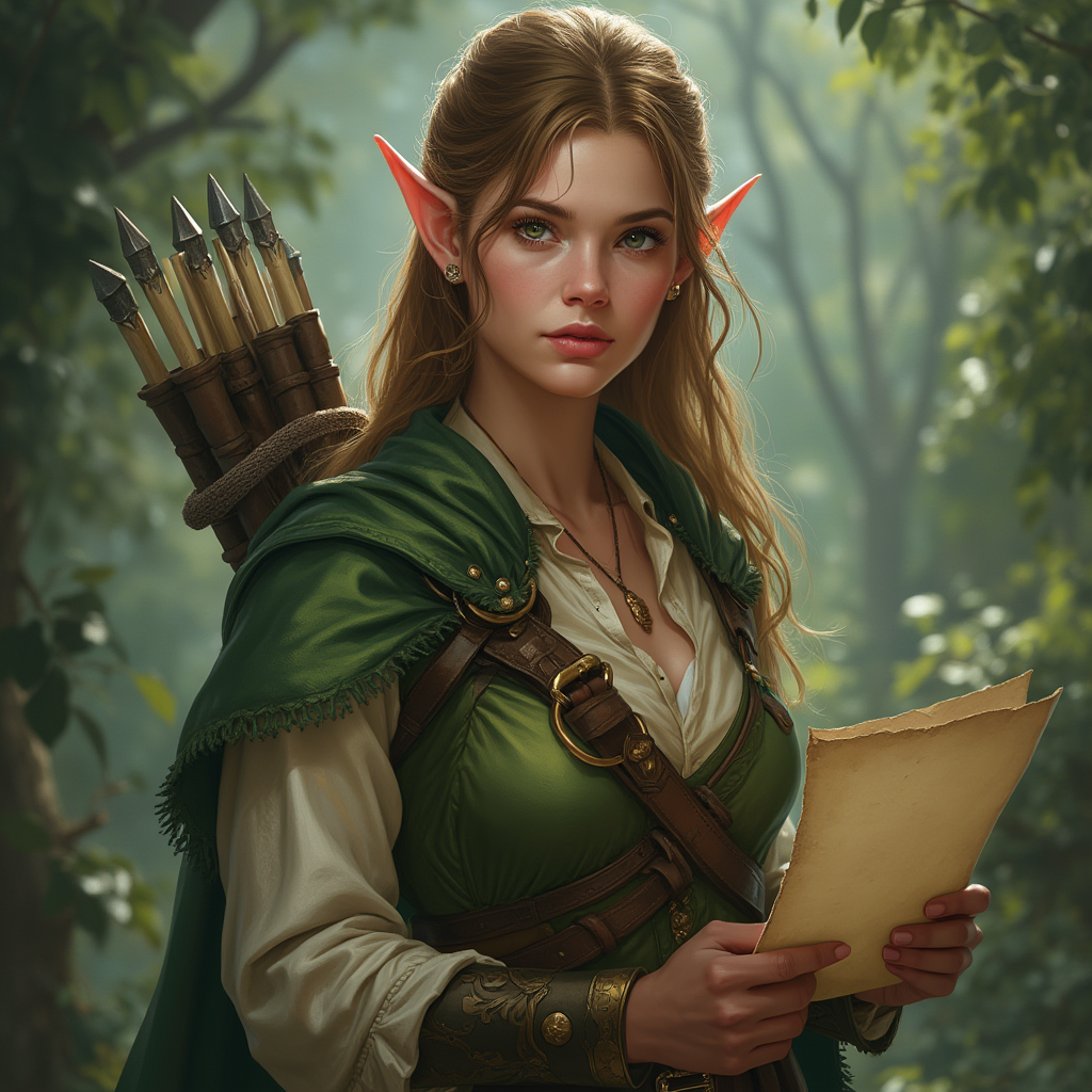 Dungeons and dragons character concept portrait. Female Ranger, Elf race, The elf is a slender, athletic figure, standing about the same height as a human. Elves have bright eyes. Elves have angular features and angular eyes. Their hair long with loose hairstyle hand and blank scroll, , dnd photography, dnd live action, realistic dnd portrait, medium shot portrait, highly detailed, dynamic shot, 4k photo