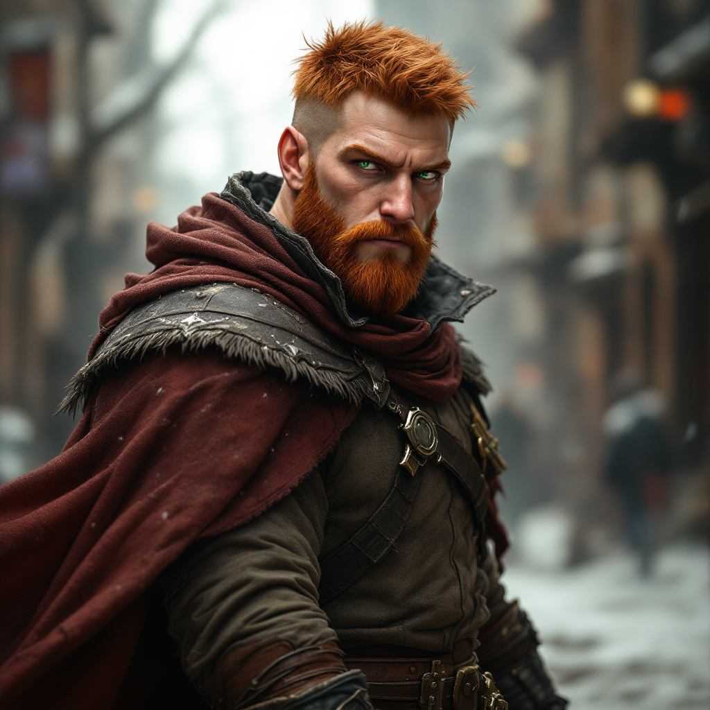 Dungeons and dragons character concept portrait. Male Fighter, Human race, Normal human anatomy and human face, non-fantasy features. Humans have strong jawline and rounded face features, with rounded eyes A large human male fighter in street clothes with short red hair and green eyes, , dnd photography, dnd live action, realistic dnd portrait, medium shot portrait, highly detailed, dynamic shot, 4k photo