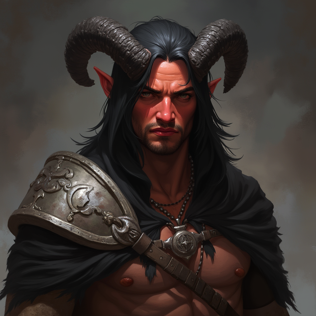 Dungeons and dragons character concept portrait. Male Barbarian, Human race, Normal human anatomy and human face, non-fantasy features. Humans have strong jawline and rounded face features, with rounded eyes girl, black hair, black eyes, wearing black hood, long crooked ears, black horns, red skin, , intricate, elegant, highly detailed, digital painting, artstation, concept art, smooth, sharp focus, illustration, art by stable diffusion ai's favorite artists