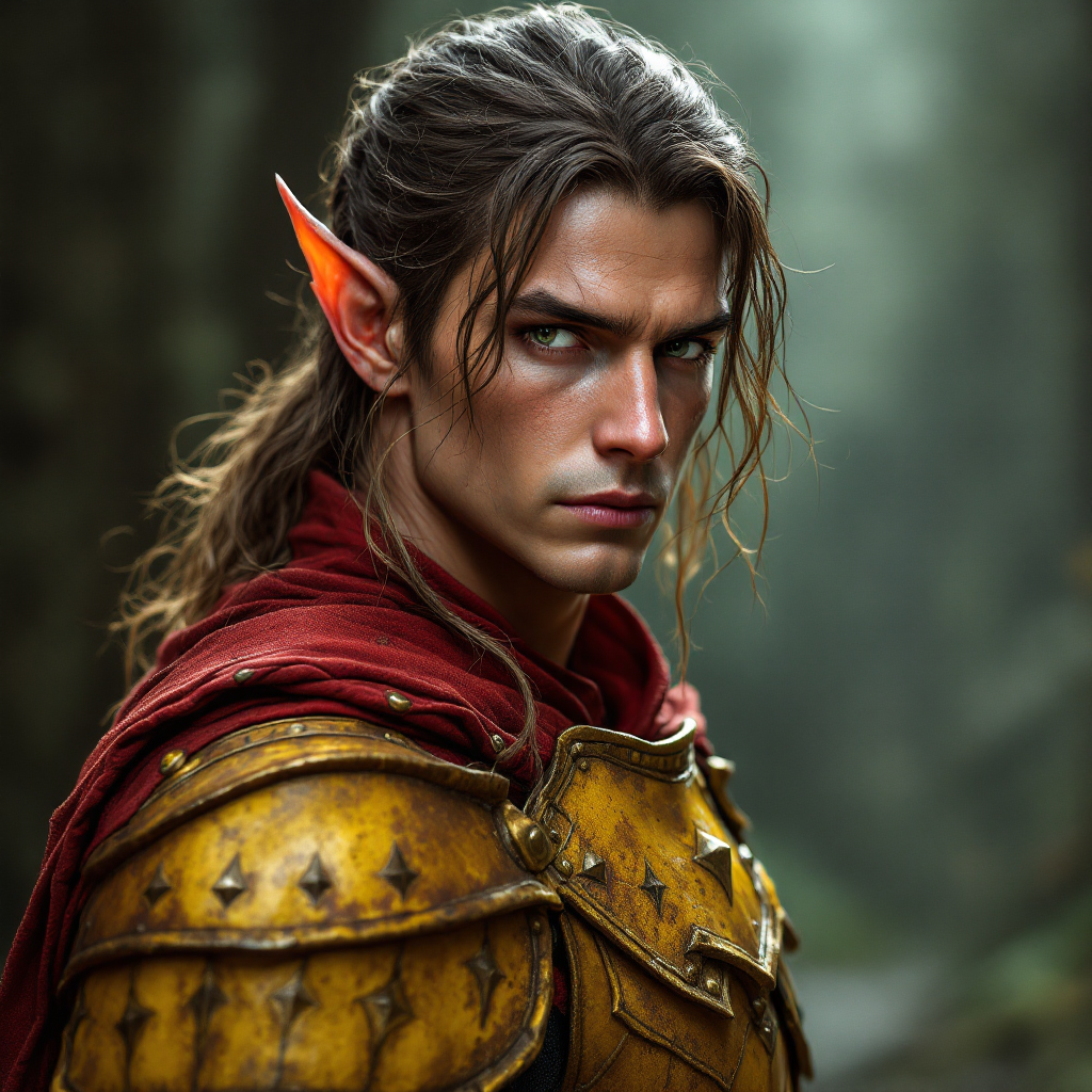 Dungeons and dragons character concept portrait. Male Fighter, Elf race, The elf is a slender, athletic figure, standing about the same height as a human. Elves have bright eyes. Elves have angular features and angular eyes. Their hair long with loose hairstyle elf guard in red and yellow plate armor, , dnd photography, dnd live action, realistic dnd portrait, medium shot portrait, highly detailed, dynamic shot, 4k photo