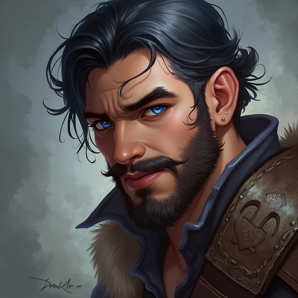 Dungeons and dragons character concept portrait. Male Barbarian, Human race, Normal human anatomy and human face, non-fantasy features. Humans have strong jawline and rounded face features, with rounded eyes young gambler with short beard with sapphire color eyes with a charming smile with raven black hair, , intricate, elegant, highly detailed, digital painting, artstation, concept art, smooth, sharp focus, illustration, art by stable diffusion ai's favorite artists