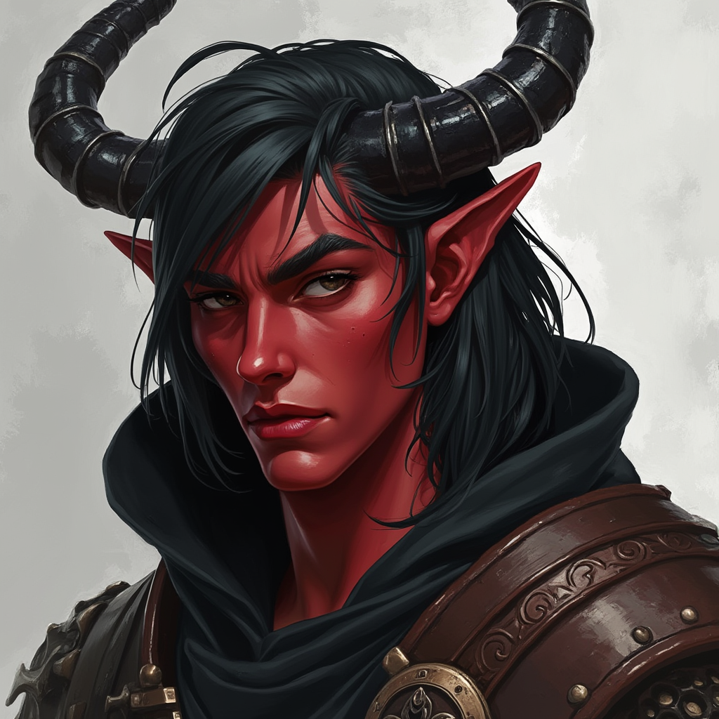 Dungeons and dragons character concept portrait. Male Barbarian, Human race, Normal human anatomy and human face, non-fantasy features. Humans have strong jawline and rounded face features, with rounded eyes girl, black hair, black eyes, wearing black hood, long crooked ears, black horns, red skin, , intricate, elegant, highly detailed, digital painting, artstation, concept art, smooth, sharp focus, illustration, art by stable diffusion ai's favorite artists