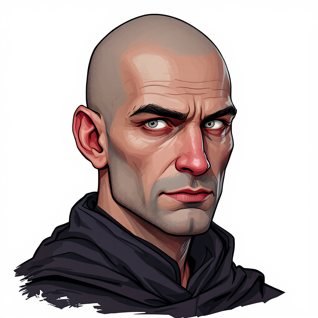 Dungeons and dragons character concept portrait. Male Warlock, Human race, Normal human anatomy and human face, non-fantasy features. Humans have strong jawline and rounded face features, with rounded eyes with grey skin, with white eyes, with a bald head, without a beard, face portrait, young adult, 28 years old, shaved face, , old school dnd portrait, old school dnd character, traditional dnd character art, dungeons and dragons traditional art, 2d character drawing, colored drawing, colorful drawing