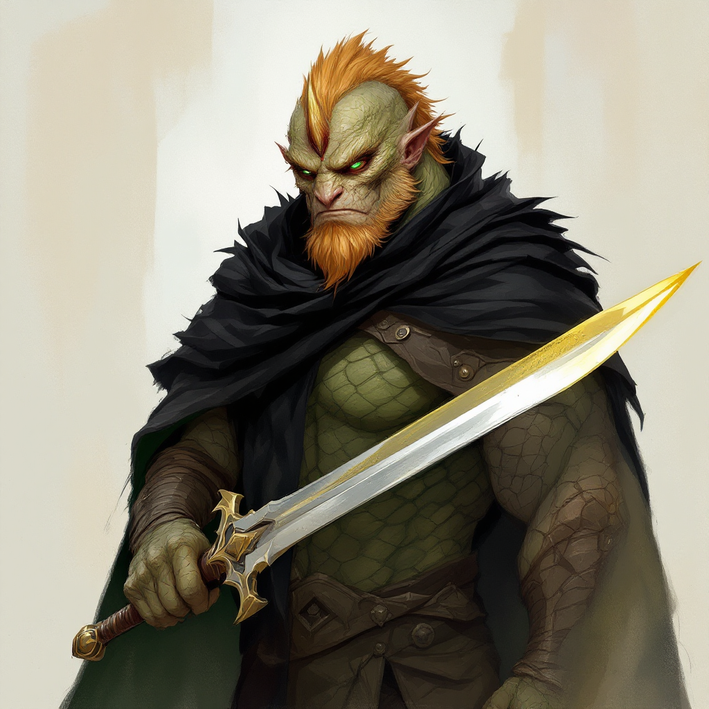 Dungeons and dragons character concept portrait. Male Fighter, Dragonborn race, The dragonborn is a tall and muscular humanoid, covered in fine, leather scales with larger scales on their forearms, legs, shoulders, and thighs. They have clawed hands and feet with three fingers and a thumb. Their face has a blunt snout, strong brow, and frills near the cheeks and ears. A crest of horn-like scales runs down the back of their head, resembling thick, ropy hair. Their eyes are red or gold He has the appearance of a green chameleon Lizard-folk. He wears the Cloak of Arachnida: A fine garment made of black silk interwoven with faint silvery threads, and under the cloak he wears common clothes . He is wielding A Sun Blade: a sword with a silver hilt and a blade of pure golden-white radiance that is thin as a wire. He has green eyes and a 1 single horn centered on his forehead., with green skin, , tech dnd character portrait, dnd tech character, highly detailed, high quality tech character, with technology elements, sci-fi dnd character