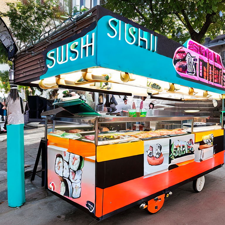 A vibrant and eye-catching food cart with a modern design specializing in sushi burritos. The cart should feature bold and contrasting colors, perhaps neon lights or a striking color scheme like teal and orange or black and electric blue. Display prominent signage that reads 'Sushi Burritos' or a similar catchy name. Showcase several large, burrito-sized sushi rolls with visible colorful ingredients like salmon, tuna, avocado, and seaweed. The overall image should be a conceptual photograph, emphasizing the unique fusion of sushi and burrito styles in a visually appealing way.
