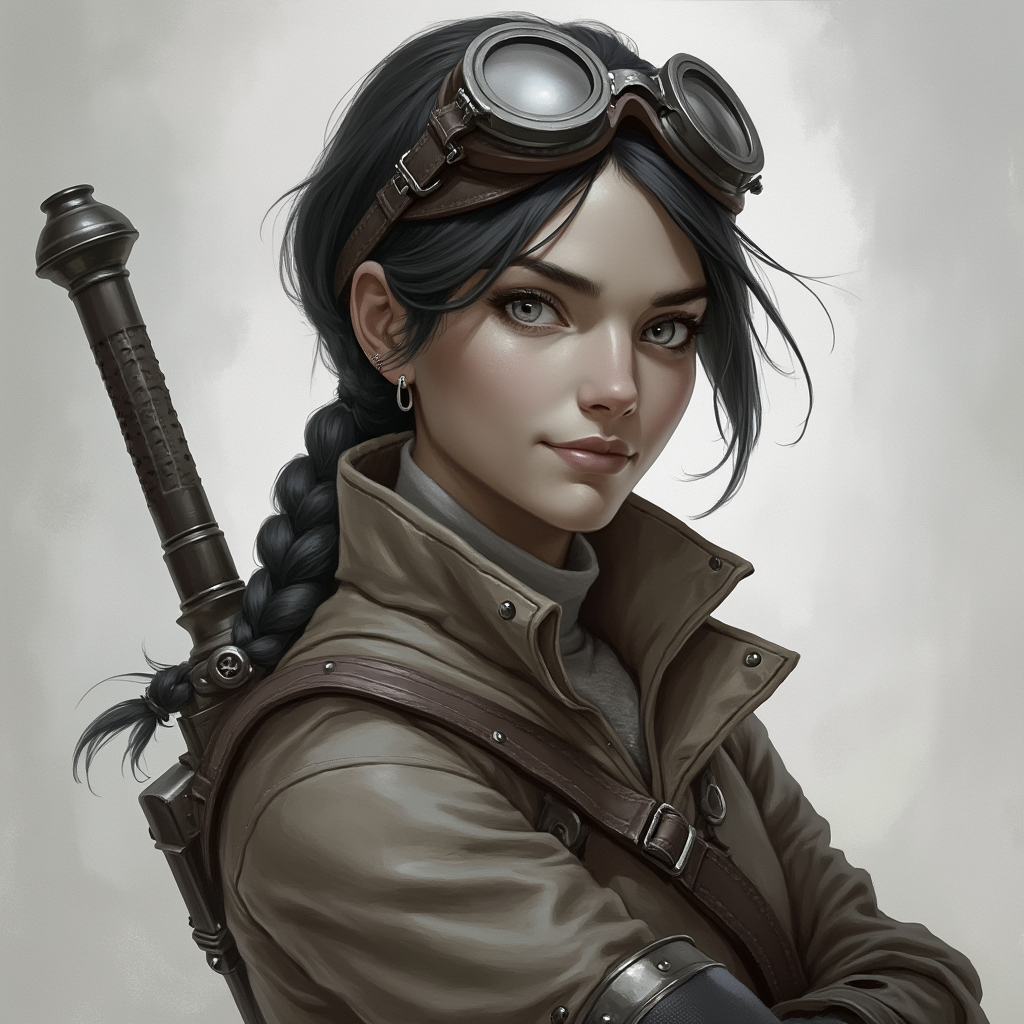 Dungeons and dragons character concept portrait. Female Fighter, Human race, Normal human anatomy and human face, non-fantasy features. Humans have strong jawline and rounded face features, with rounded eyes short hair, black hair, grey eyes, silver eyes, confident, engineer, pale skin, ashen skin, gunblade, gunbreaker, braided hair, smile, smug, light armor, goggles, human, grey skin, long coat, leather armor, gunsword, , intricate, elegant, highly detailed, digital painting, artstation, concept art, smooth, sharp focus, illustration, art by stable diffusion ai's favorite artists