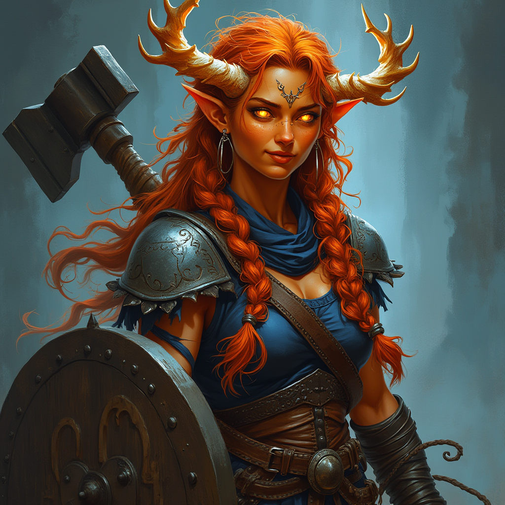 Dungeons and dragons character concept portrait. Female Paladin, Tiefling race, The tiefling is a tall and striking figure with a lean and muscular build. Sharp horns that grow amidst the hairline. Tieflings have glowing eyes which give them an otherworldly appearance. Tieflings favor bold clothing incorporating dark colors and intricate patterns Tiefling female, muscular and stocky, orange-gold skin, bright flamelike blue-white eyes, wavy fire-engine red hair in messy braids, gold-white twelve point antler-like horns, UNARMORED, simple rugged clothing, a large hammer on her back, affable friendly smile, carved wooden shield, , dnd photography, dnd live action, realistic dnd portrait, medium shot portrait, highly detailed, dynamic shot, 4k photo