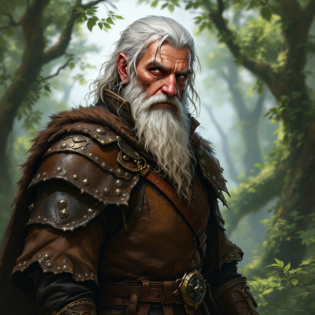 Dungeons and dragons character concept portrait. Male Cleric, Human race, Normal human anatomy and human face, non-fantasy features. Humans have strong jawline and rounded face features, with rounded eyes an old human cleric of nature wearing studded leather armor in the woods, , intricate, elegant, highly detailed, digital painting, artstation, concept art, smooth, sharp focus, illustration, art by stable diffusion ai's favorite artists