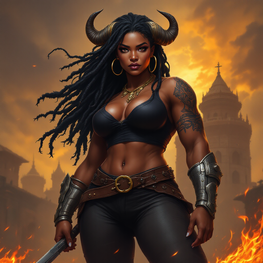 Dungeons and dragons character concept portrait. Male Barbarian, Human race, Normal human anatomy and human face, non-fantasy features. Humans have strong jawline and rounded face features, with rounded eyes A powerful and curvaceous dark-skinned woman with dark dreadlocks adorned with metal accents and large curved horns, stands confidently. Her age appears to be mid-20s, exhibiting a strong, muscular physique with intricate tribal tattoos. She wears a black crop top and dark pants, a brown leather belt, and metallic arm armor. Her face features prominent cheekbones, dark eyes, and a determined expression. Gold hoop earrings and a decorative necklace further enhance her appearance. The setting is a detailed architectural background, with a warm, orange-toned sky suggesting either sunrise or sunset. Fiery flames flicker in the foreground, adding a touch of danger and dynamism. The overall composition is a mix of fantasy and heroic elements, with a dynamic perspective and a focus on detail, evoking a sense of strength and adventure. The art style could be described as a combination of fantasy illustration and anime-inspired design, creating a vivid and compelling aesthetic., , intricate, elegant, highly detailed, digital painting, artstation, concept art, smooth, sharp focus, illustration, art by stable diffusion ai's favorite artists