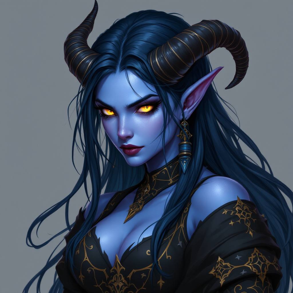 Dungeons and dragons character concept portrait. Female Warlock, Tiefling race, The tiefling is a tall and striking figure with a lean and muscular build. Sharp horns that grow amidst the hairline. Tieflings have glowing eyes which give them an otherworldly appearance. Tieflings favor bold clothing incorporating dark colors and intricate patterns Pale blue skin, golden eyes, long dark blue hair with gold threads. Anime, , dnd anime character portrait, dnd anime character, highly detailed, high quality anime character