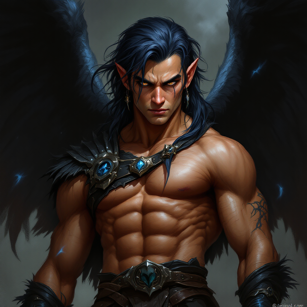 Dungeons and dragons character concept portrait. Male Barbarian, Elf race, The elf is a slender, athletic figure, standing about the same height as a human. Elves have bright eyes. Elves have angular features and angular eyes. Their hair long with loose hairstyle tall and leanly muscular, dark hair, Azriel has golden-brown skin and blue-black hair that is usually kept shorter and neater, eyes are hazel, scarred hands, black wings are dark and powerful, shadows are surrounding him, he wears black fighting leather with blue syphons in them, , intricate, elegant, highly detailed, digital painting, artstation, concept art, smooth, sharp focus, illustration, art by stable diffusion ai's favorite artists