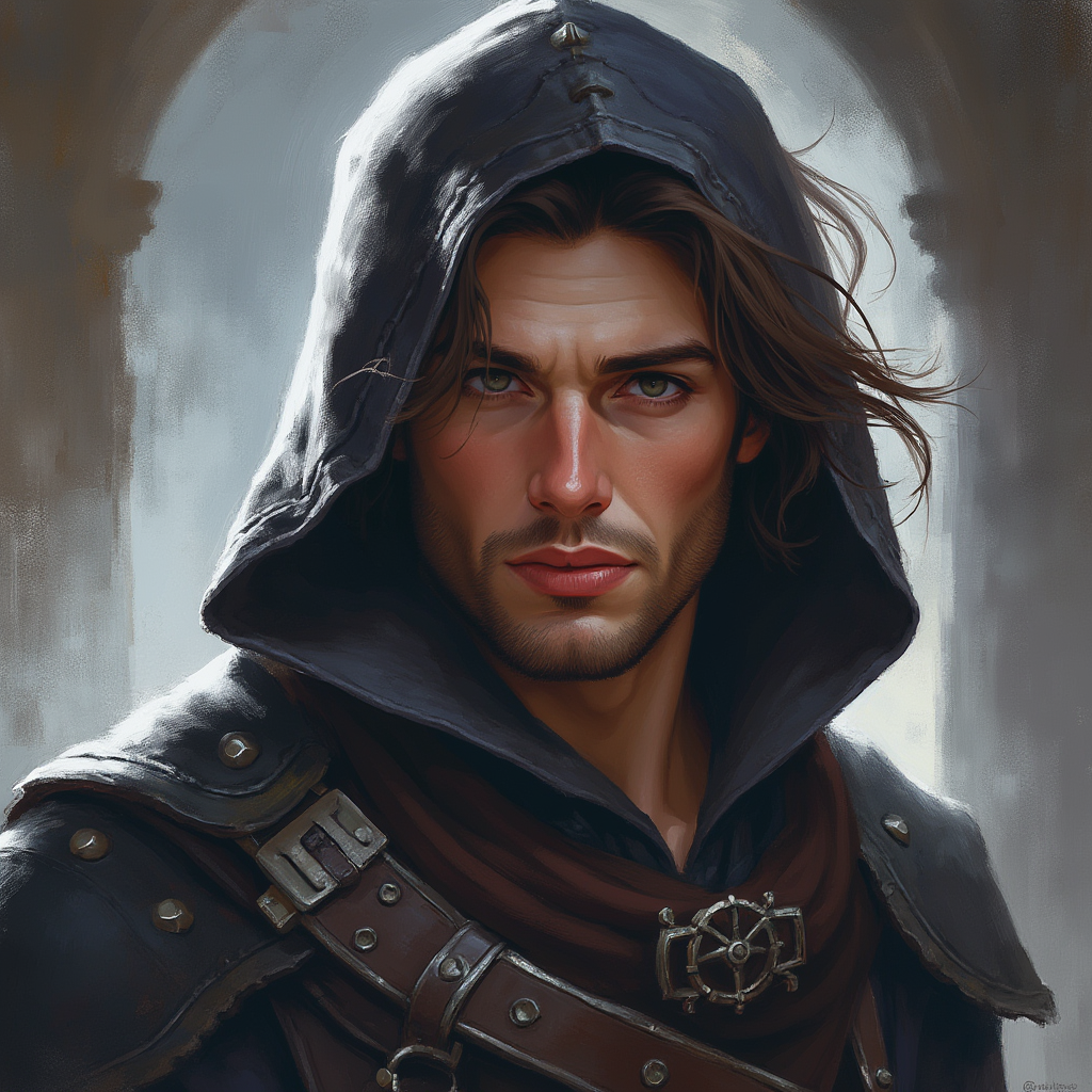 Dungeons and dragons character concept portrait. Male Rogue, Human race, Normal human anatomy and human face, non-fantasy features. Humans have strong jawline and rounded face features, with rounded eyes , intricate, elegant, highly detailed, digital painting, artstation, concept art, smooth, sharp focus, illustration, art by stable diffusion ai's favorite artists