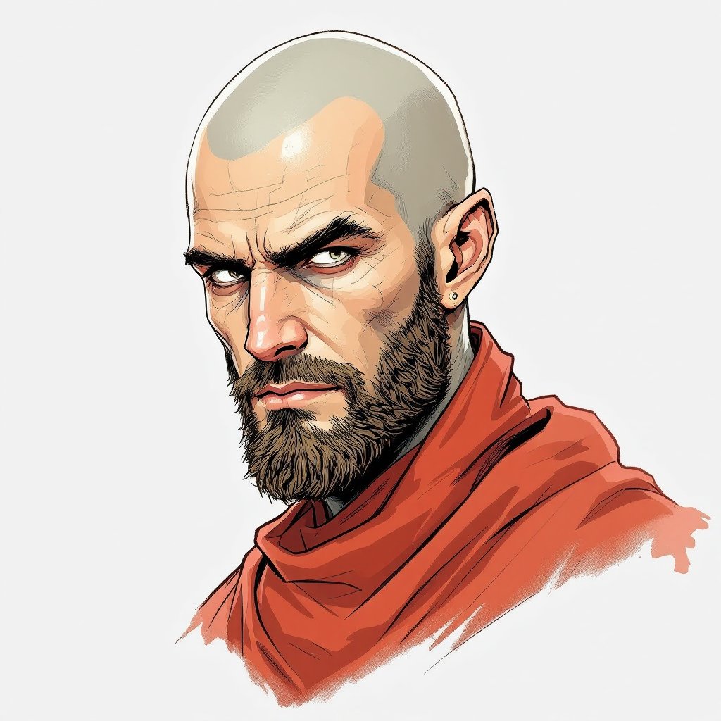 Dungeons and dragons character concept portrait. Male Warlock, Human race, Normal human anatomy and human face, non-fantasy features. Humans have strong jawline and rounded face features, with rounded eyes with grey skin, with white eyes, with a bald head, without a beard, face portrait, young adult, 28 years old, shaved face, , old school dnd portrait, old school dnd character, traditional dnd character art, dungeons and dragons traditional art, 2d character drawing, colored drawing, colorful drawing
