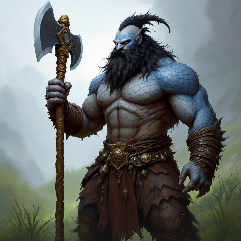 Dungeons and dragons character concept portrait. Male Barbarian, Dragonborn race, The dragonborn is a tall and muscular humanoid, covered in fine, leather scales with larger scales on their forearms, legs, shoulders, and thighs. They have clawed hands and feet with three fingers and a thumb. Their face has a blunt snout, strong brow, and frills near the cheeks and ears. A crest of horn-like scales runs down the back of their head, resembling thick, ropy hair. Their eyes are red or gold Gold eyes, blue skin, holding a greataxe, bald head, standing in green grassy wilderness, , intricate, elegant, highly detailed, digital painting, artstation, concept art, smooth, sharp focus, illustration, art by stable diffusion ai's favorite artists
