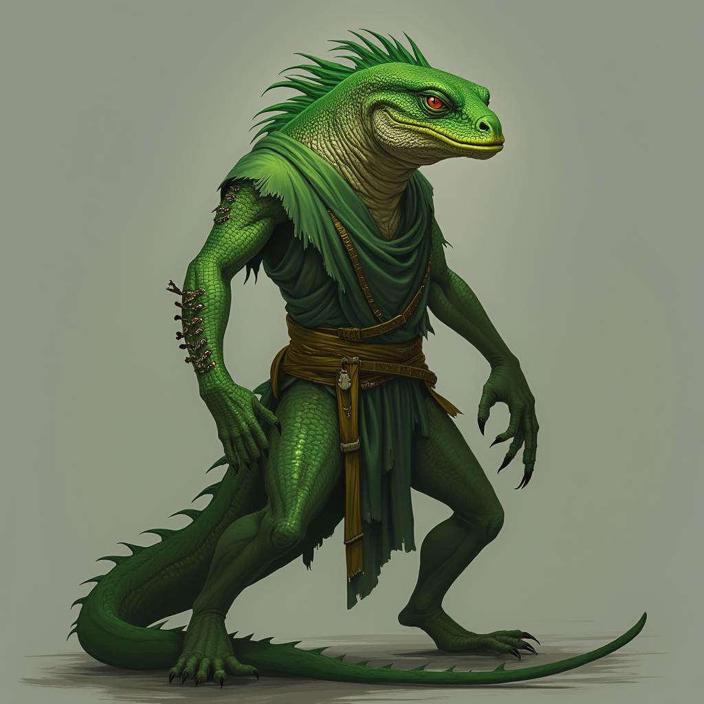 The humanoid is a versatile figure similar humans, with humanoid limbs with slight variations in features. They have an adaptable appearance reflecting a blend of different cultural styles and practical clothing. DnD Humanoid. Green Male monster  Lizzard, with green skin, . Dungeons and dragons monster concept portrait, intricate, elegant, highly detailed, digital painting, artstation, concept art, smooth, sharp focus, illustration, art by stable diffusion ai's favorite artists