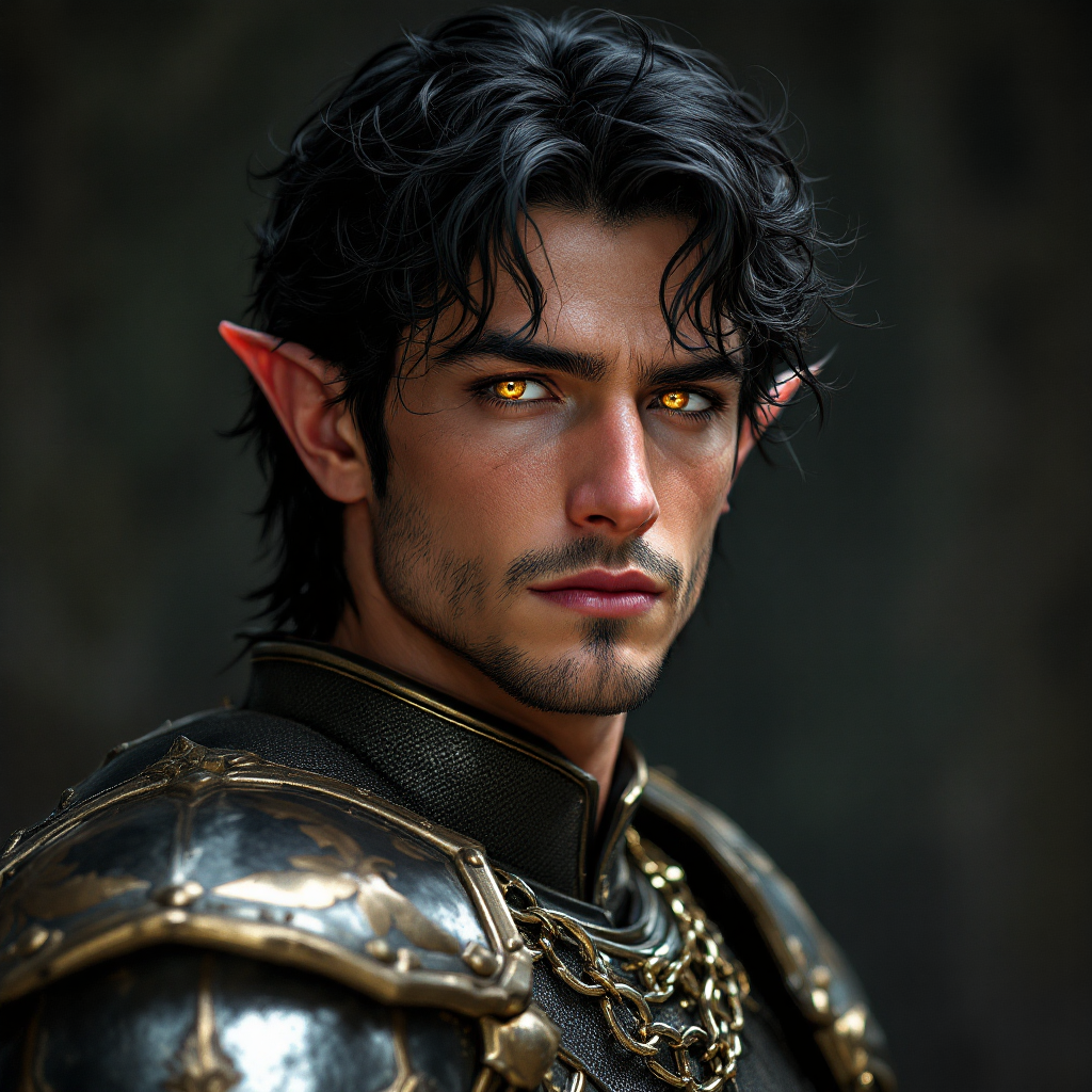 Dungeons and dragons character concept portrait. Male Paladin, Half-Elf race, The half-elf is a tall, slender figure. They have a graceful appearance with high cheekbones. Their eyes are typically vibrant and round like human eyes half elf male paladin with gold eyes and black hair in bright chain mail, , dnd photography, dnd live action, realistic dnd portrait, medium shot portrait, highly detailed, dynamic shot, 4k photo