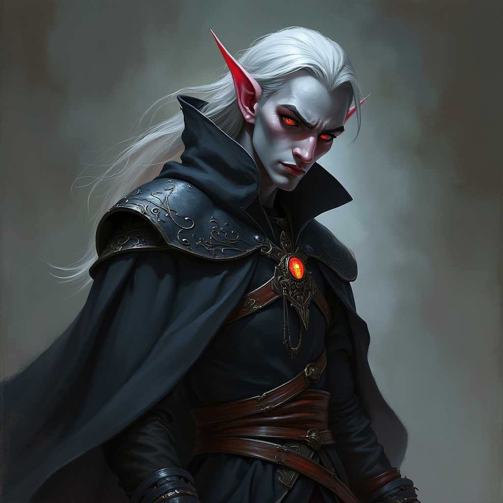 Dungeons and dragons character concept portrait. Male Sorcerer, Drow race, The drow, or dark elf, is a slender figure, with dark gray to nearly black skin. Their hair is stark white or pale silver, contrasting sharply with their skin. Drow have sharp, angular features, and vibrant eyes and angular eyes. They wear dark, elegant clothing with intricate details reflecting their underground and mysterious origins with robe, red hair, with red eyes,, , intricate, elegant, highly detailed, digital painting, artstation, concept art, smooth, sharp focus, illustration, art by stable diffusion ai's favorite artists