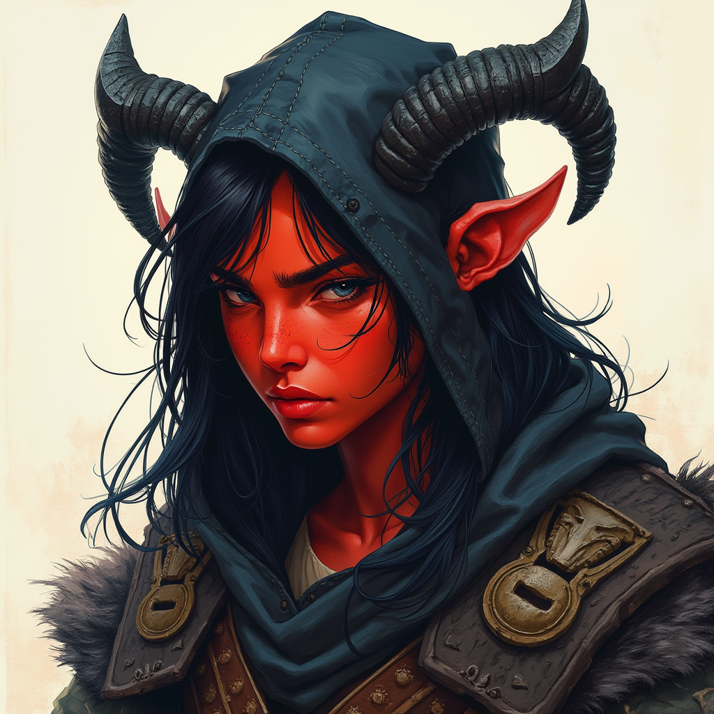 Dungeons and dragons character concept portrait. Male Barbarian, Human race, Normal human anatomy and human face, non-fantasy features. Humans have strong jawline and rounded face features, with rounded eyes girl with black hair, black eyes, wearing black hood, long crooked ears, black horns, red skin, , dnd hand drawing, dnd drawing portrait, dnd character drawing, highly detailed hand drawing, high quality character drawing, colored drawing, colorful drawing, light background, solid background