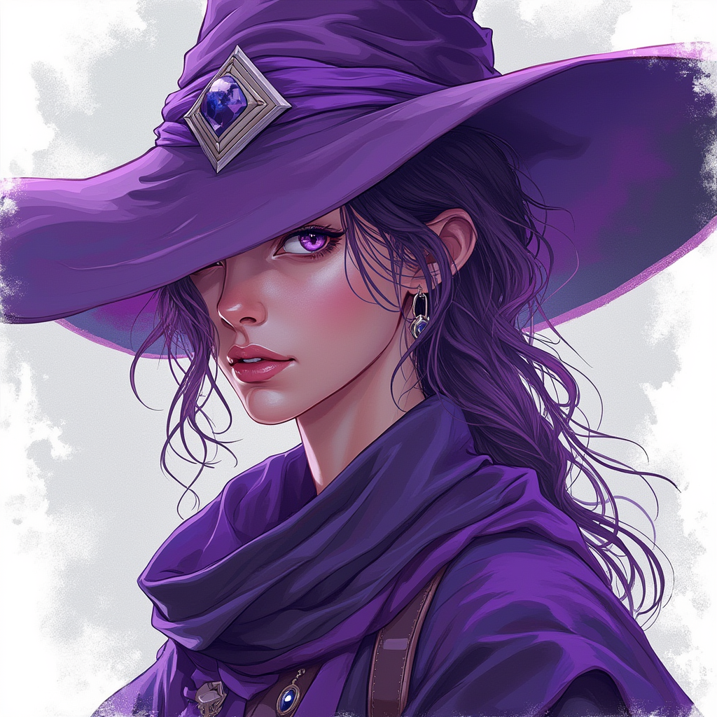 Dungeons and dragons character concept portrait. Female Sorcerer, Human race, Normal human anatomy and human face, non-fantasy features. Humans have strong jawline and rounded face features, with rounded eyes woman, purple hair mage, purple eyes beautiful face, 30 years old, , dnd anime character portrait, dnd anime character, highly detailed, high quality anime character