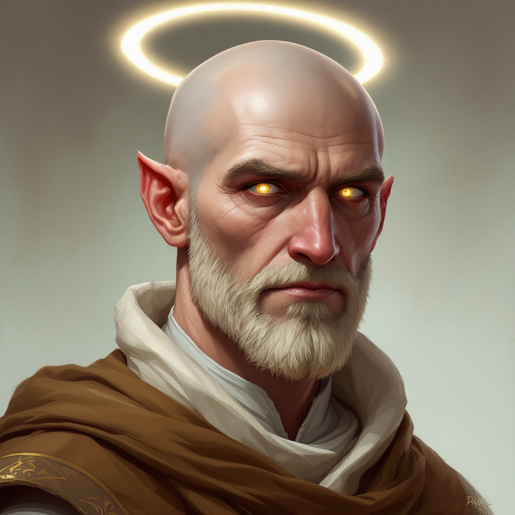 Dungeons and dragons character concept portrait. Male Cleric, Human race, Normal human anatomy and human face, non-fantasy features. Humans have strong jawline and rounded face features, with rounded eyes bald, with glowing eyes, a halo above his head, older with no beard, pale skin, aasimar-looking, , intricate, elegant, highly detailed, digital painting, artstation, concept art, smooth, sharp focus, illustration, art by stable diffusion ai's favorite artists