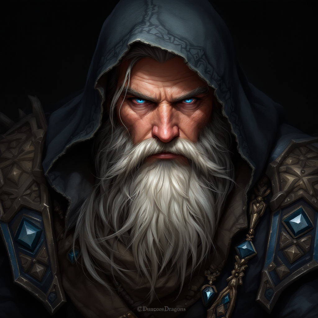 Dungeons and dragons character concept portrait. Male Ranger, Dwarf race, The dwarf is a short and broad figure. Dwarves have long hair. Dwarves have rounded face features. Their clothing and gear are decorated with bold geometric designs, gems, and ancestral faces with blue eyes, wearing a hood, with long beard, greying hair, , intricate, elegant, highly detailed, digital painting, artstation, concept art, smooth, sharp focus, illustration, art by stable diffusion ai's favorite artists