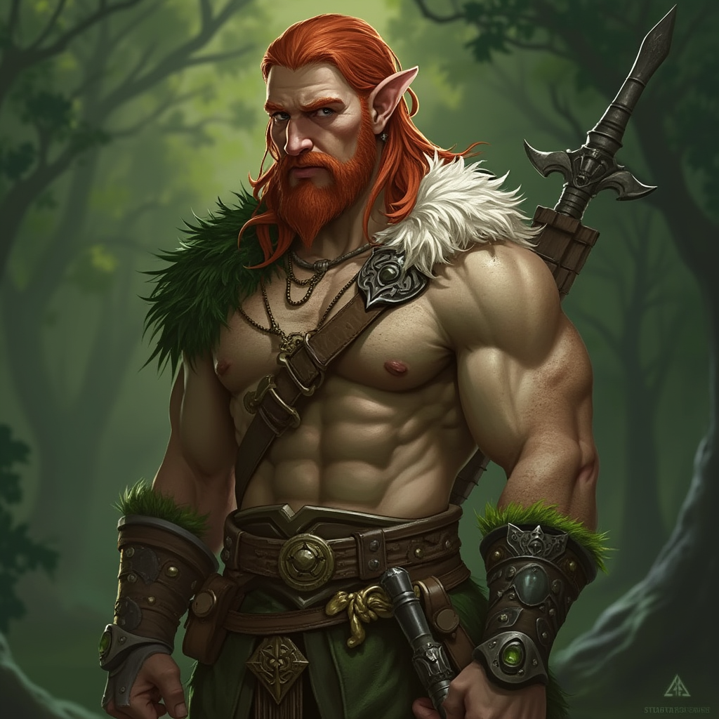 Dungeons and dragons character concept portrait. Male Barbarian, Human race, Normal human anatomy and human face, non-fantasy features. Humans have strong jawline and rounded face features, with rounded eyes female forest gnome ranger with green skin red hair green eyes full length picture, , intricate, elegant, highly detailed, digital painting, artstation, concept art, smooth, sharp focus, illustration, art by stable diffusion ai's favorite artists