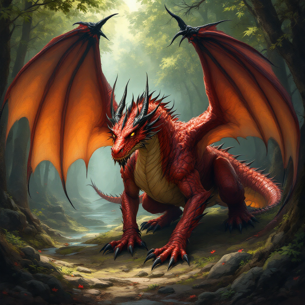 Dragons are DnD magical and giant reptiles with bat-like wings. A dragon with four legs a two wings. With thorns over the head and thorns at the tip of the wing. DnD Dragon. Red  monster  A mid-sized male dragon, rust-red with black-tipped wings- gold eyes in forest, . Dungeons and dragons monster concept portrait, intricate, elegant, highly detailed, digital painting, artstation, concept art, smooth, sharp focus, illustration, art by stable diffusion ai's favorite artists