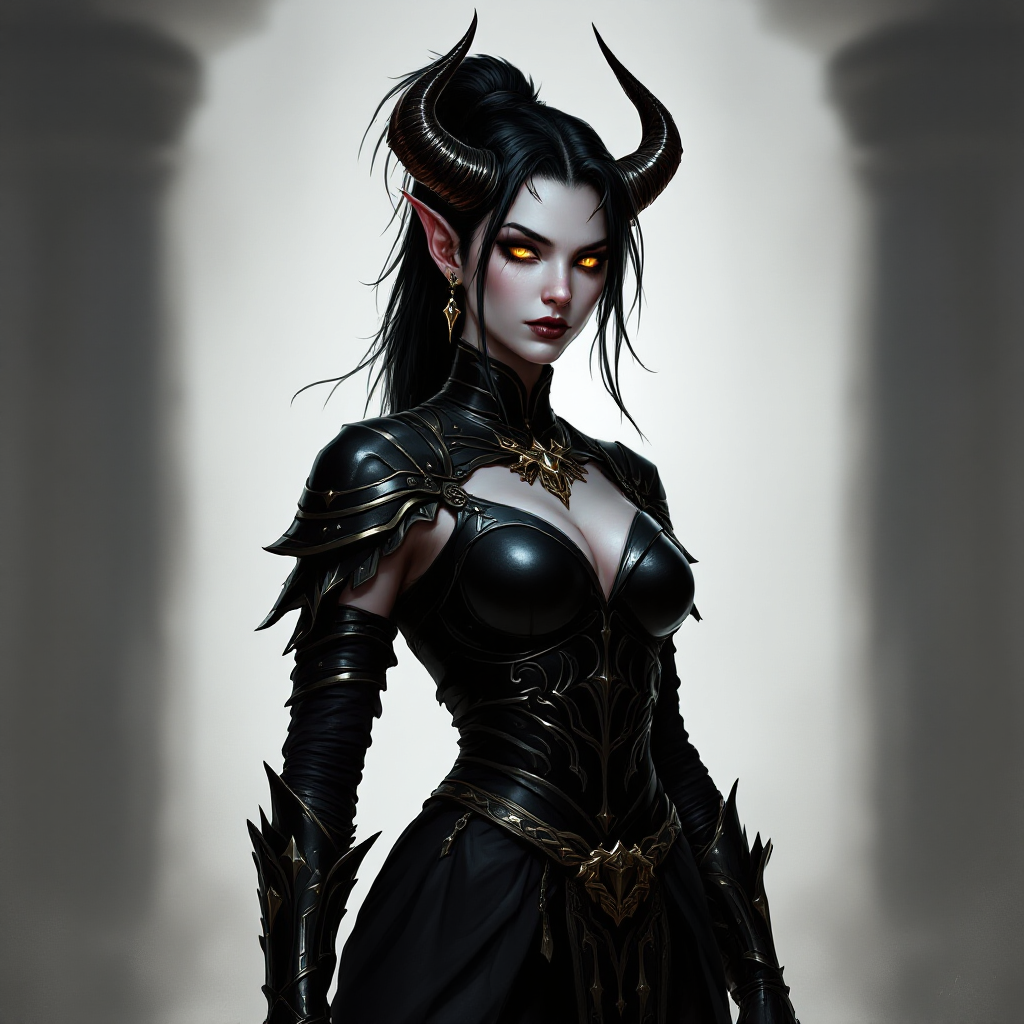 Dungeons and dragons character concept portrait. Female Warlock, Tiefling race, The tiefling is a tall and striking figure with a lean and muscular build. Sharp horns that grow amidst the hairline. Tieflings have glowing eyes which give them an otherworldly appearance. Tieflings favor bold clothing incorporating dark colors and intricate patterns With black plate armor, with gray skin, with black hair, with golden eyes, with straight horns, , intricate, elegant, highly detailed, digital painting, artstation, concept art, smooth, sharp focus, illustration, art by stable diffusion ai's favorite artists