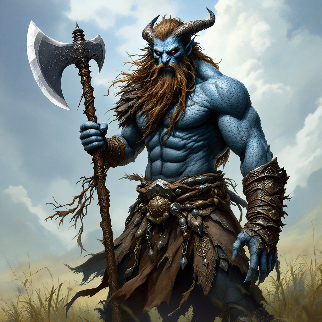 Dungeons and dragons character concept portrait. Male Barbarian, Dragonborn race, The dragonborn is a tall and muscular humanoid, covered in fine, leather scales with larger scales on their forearms, legs, shoulders, and thighs. They have clawed hands and feet with three fingers and a thumb. Their face has a blunt snout, strong brow, and frills near the cheeks and ears. A crest of horn-like scales runs down the back of their head, resembling thick, ropy hair. Their eyes are red or gold with blue skin and gold eyes holding a great axe. Setting is open grassland, no hair no beard, , intricate, elegant, highly detailed, digital painting, artstation, concept art, smooth, sharp focus, illustration, art by stable diffusion ai's favorite artists