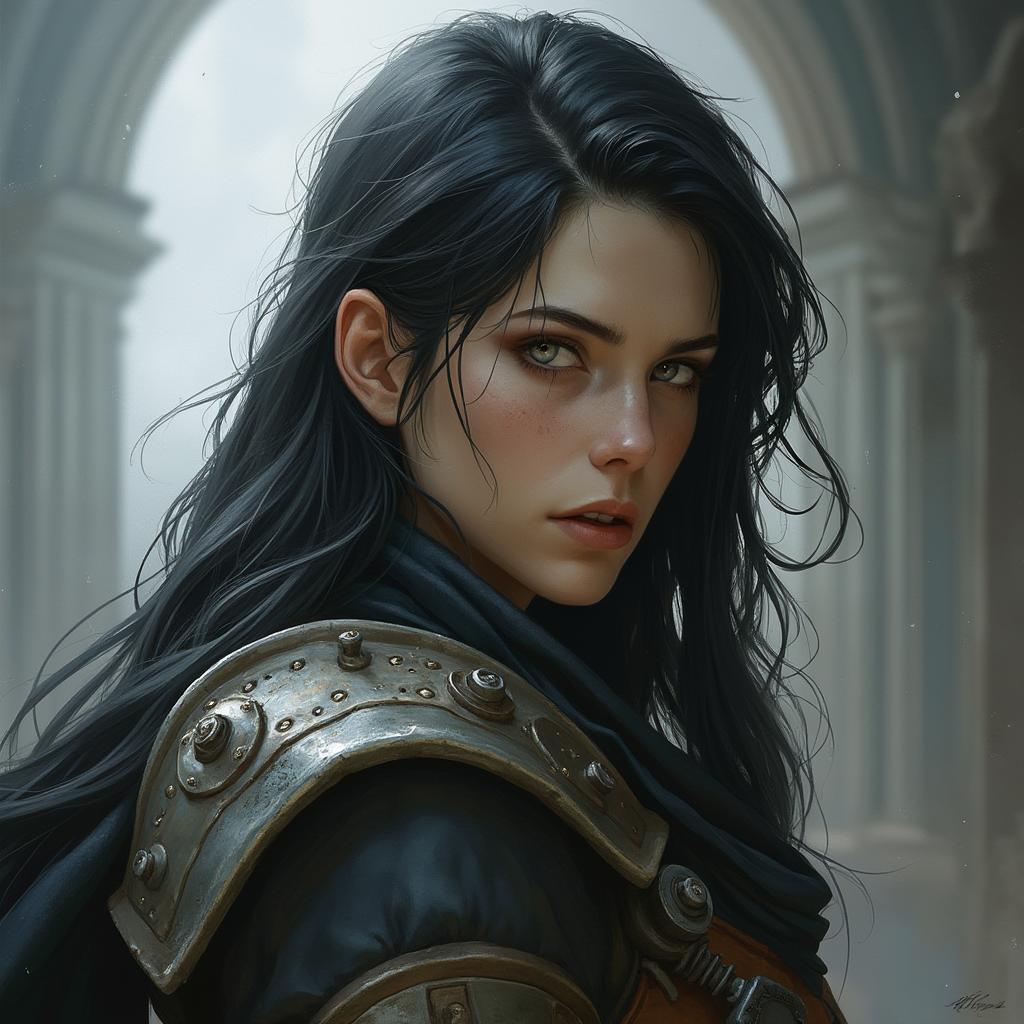 Dungeons and dragons character concept portrait. Female Fighter, Human race, Normal human anatomy and human face, non-fantasy features. Humans have strong jawline and rounded face features, with rounded eyes black hair, long hair, grey eyes, silver eyes, confident, engineer, pale skin, ashen skin, gunblade, gunbreaker, , dnd photography, dnd live action, realistic dnd portrait, medium shot portrait, highly detailed, dynamic shot, 4k photo