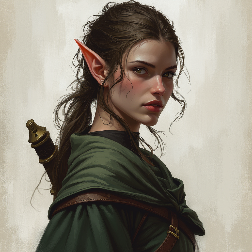 Dungeons and dragons character concept portrait. Female Rogue, Elf race, The elf is a slender, athletic figure, standing about the same height as a human. Elves have bright eyes. Elves have angular features and angular eyes. Their hair long with loose hairstyle , intricate, elegant, highly detailed, digital painting, artstation, concept art, smooth, sharp focus, illustration, art by stable diffusion ai's favorite artists