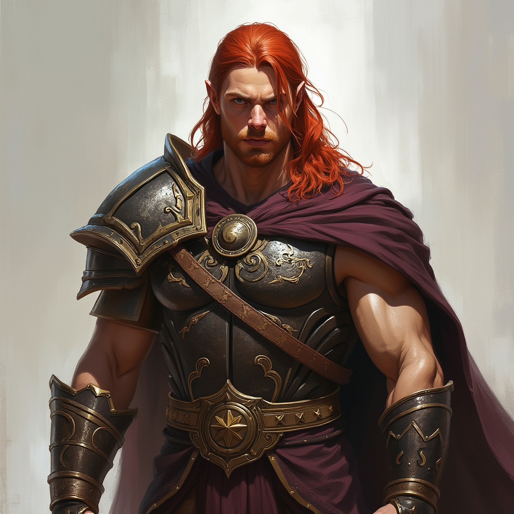 Dungeons and dragons character concept portrait. Male Barbarian, Human race, Normal human anatomy and human face, non-fantasy features. Humans have strong jawline and rounded face features, with rounded eyes drow sorcerer, with robe, red hair, , intricate, elegant, highly detailed, digital painting, artstation, concept art, smooth, sharp focus, illustration, art by stable diffusion ai's favorite artists