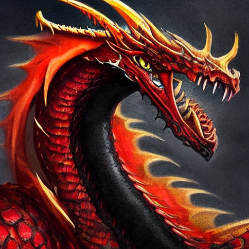 A portrait showing the  head of a dragon with Red scales, Black-eyed dragon, with long neck in the shape of an S, dragon with Black eyes, western dragon, Red dragon in combat blowing fire,  intricate, elegant, highly detailed, digital painting, artstation, concept art, smooth, sharp focus, illustration, epic fantasy, epic professional digital art by greg rutkowski
